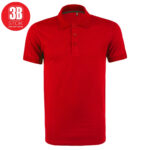 Red polo shirt with short sleeves, collar, and three-button placket.