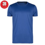 Solid royal blue crewneck T-shirt viewed from the front on a white background, with a red circular 3B STOK badge in the top-left corner.