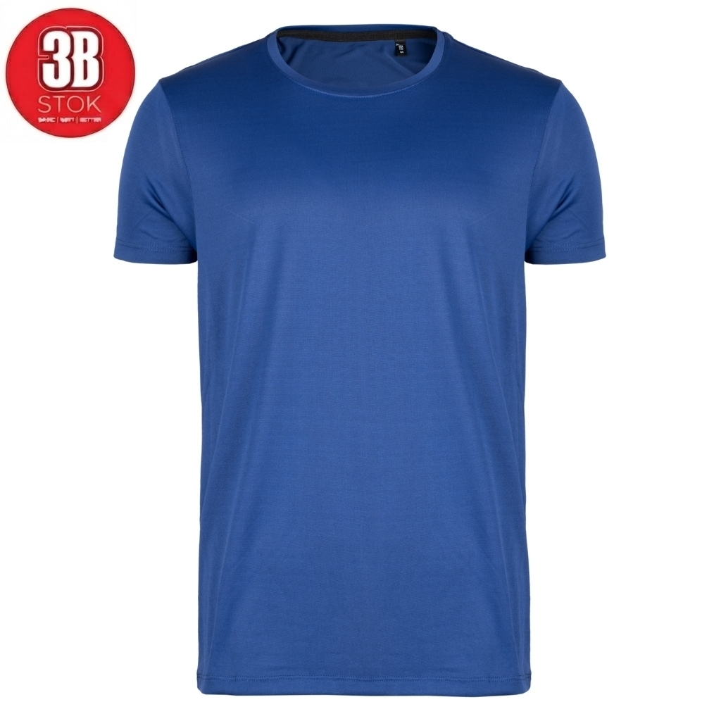 Solid royal blue crewneck T-shirt viewed from the front on a white background, with a red circular 3B STOK badge in the top-left corner.