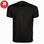 Plain black crew-neck t-shirt displayed against a white background with a small red 3B Stok logo in the upper left corner