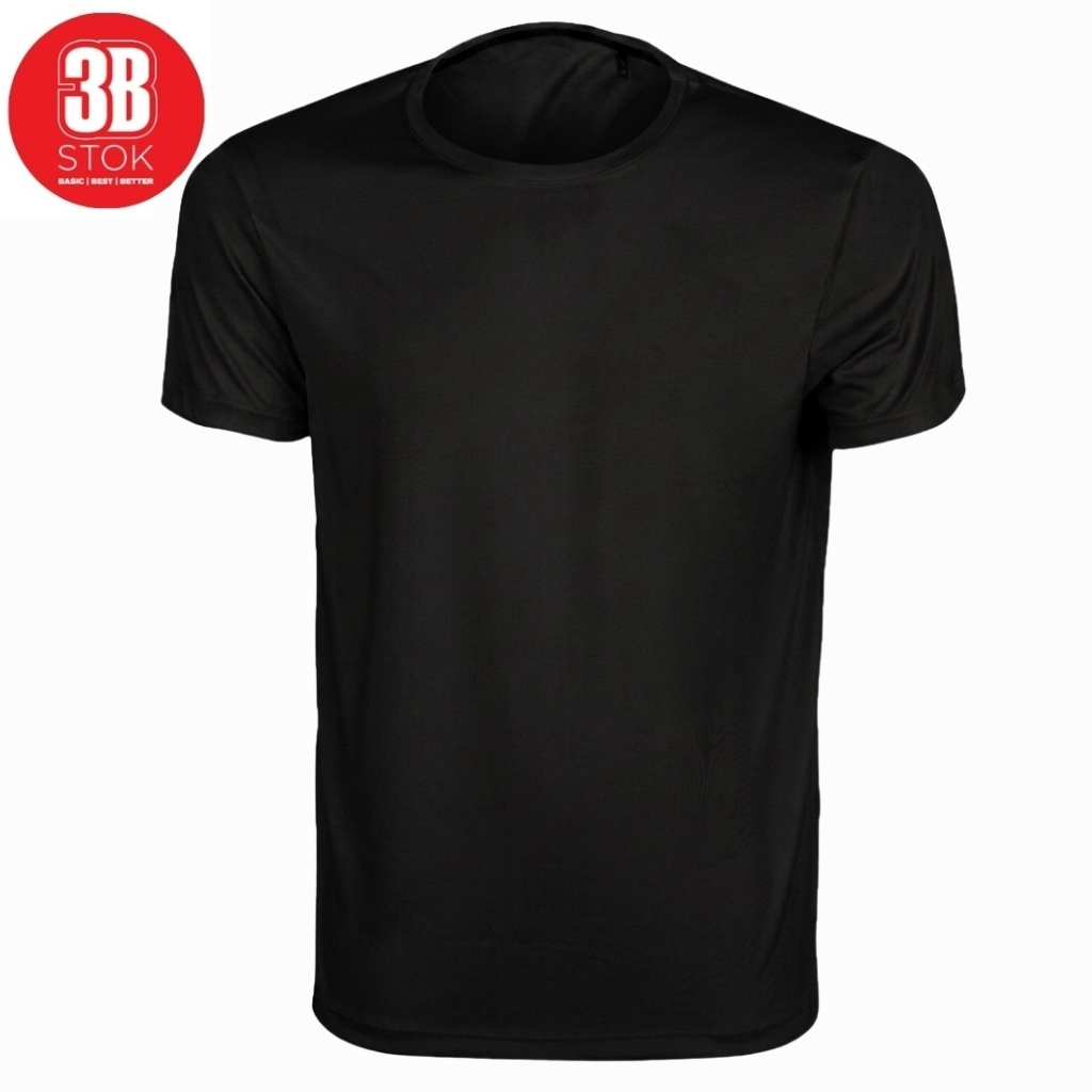 Plain black crew-neck t-shirt displayed against a white background with a small red 3B Stok logo in the upper left corner