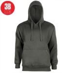 Dark gray hoodie with front kangaroo pocket and drawstring hood, product photo with red circular logo in top-left corner