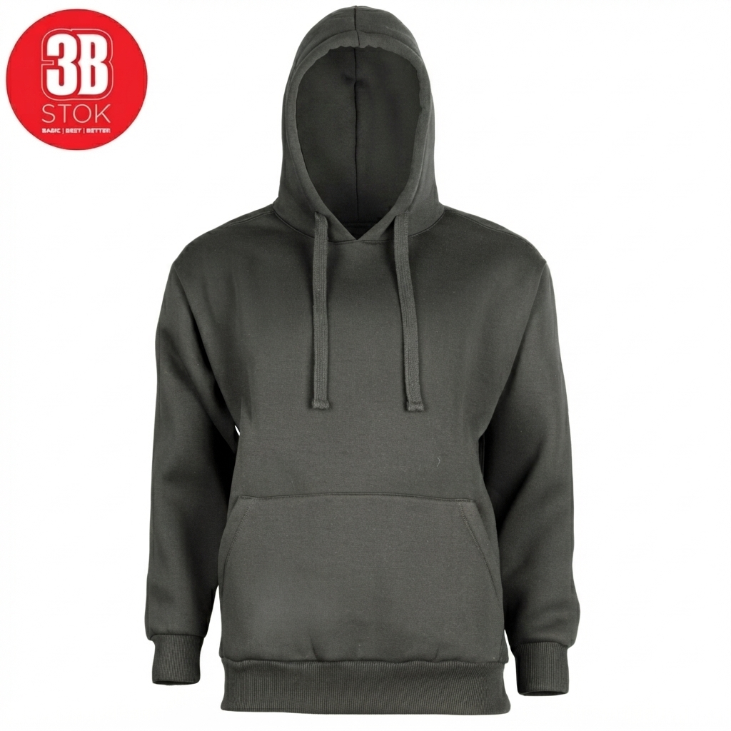 Dark gray hoodie with front kangaroo pocket and drawstring hood, product photo with red circular logo in top-left corner