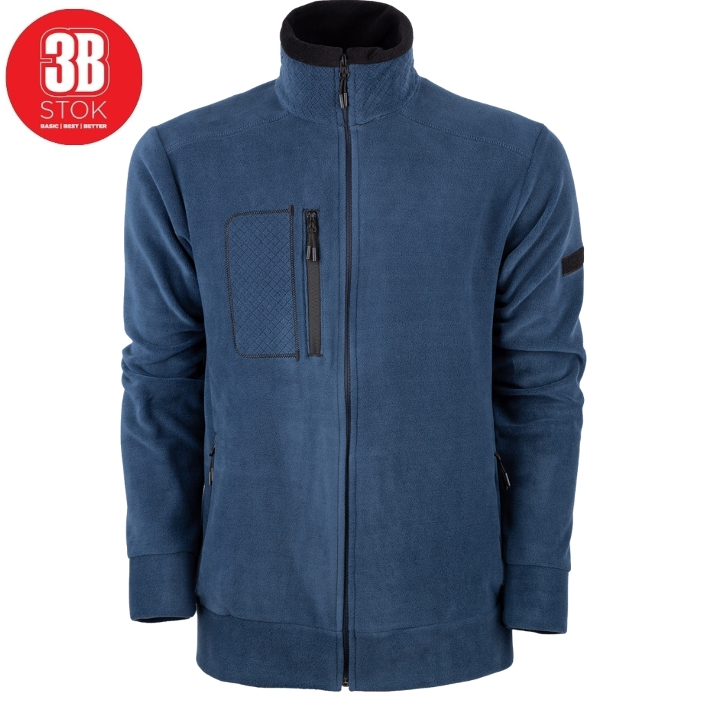 Blue zip-up fleece jacket with stand-up collar and vertical chest pocket detail on left side