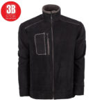 Black zip-front jacket with high collar, contrast stitching, and a quilted left-chest pocket detail on a white background (product image).**