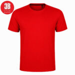 Bright red crew-neck t-shirt on a white background with a small circular 3B Stock logo in the upper-left corner.