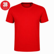 Bright red crew-neck t-shirt on a white background with a small circular 3B Stock logo in the upper-left corner.