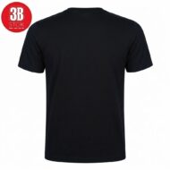 Back view of a plain black short-sleeve T-shirt on a white background, with a red circular logo in the top-left corner.