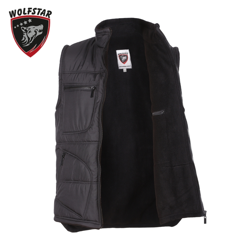 Padded black vest opened to show black fleece lining and multiple zip pockets, Wolfstar logo at left corner.