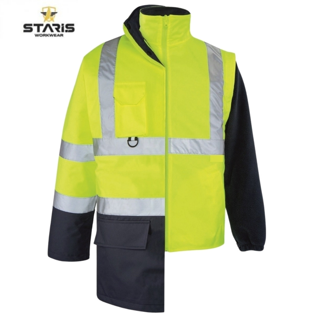 High-visibility neon yellow safety jacket with reflective stripes and multiple pockets, by Staris Workwear, shown with dark sleeves.