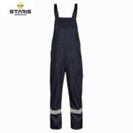 Navy work overalls with adjustable shoulder straps, a front zip pocket, a cargo pocket on the right leg, and reflective bands around the lower legs. The Staris Workwear logo is in the top left corner.