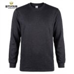 Dark heather gray long-sleeve crewneck T-shirt with a Staris Workwear logo in the top-left corner