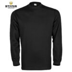 Black long-sleeve crewneck work shirt with minimal design and Staris Workwear branding in the top-left corner