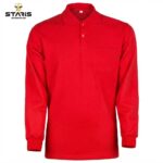 Red long-sleeve polo shirt with collar and chest pocket, shown with STARIS Workwear logo in the corner.