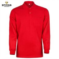 Red long-sleeve polo shirt with collar and chest pocket, shown with STARIS Workwear logo in the corner.
