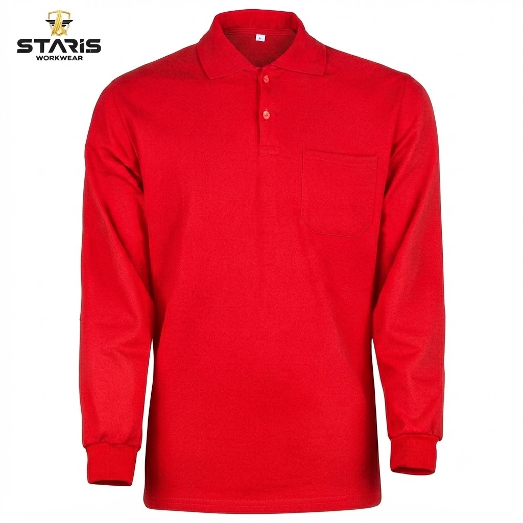 Red long-sleeve polo shirt with collar and chest pocket, shown with STARIS Workwear logo in the corner.