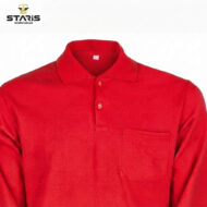 Red polo shirt with collar and a chest pocket, displayed with Staris Workwear logo in the top-left corner.