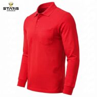 Red long-sleeve polo shirt with collar and chest pocket on a white background; Staris Workwear logo upper left.