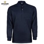 Navy long-sleeve polo shirt with collar and chest pocket, front view; Staris Workwear logo in the corner.