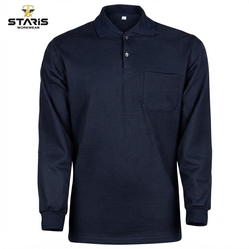 Navy long-sleeve polo shirt with collar and chest pocket, front view; Staris Workwear logo in the corner.