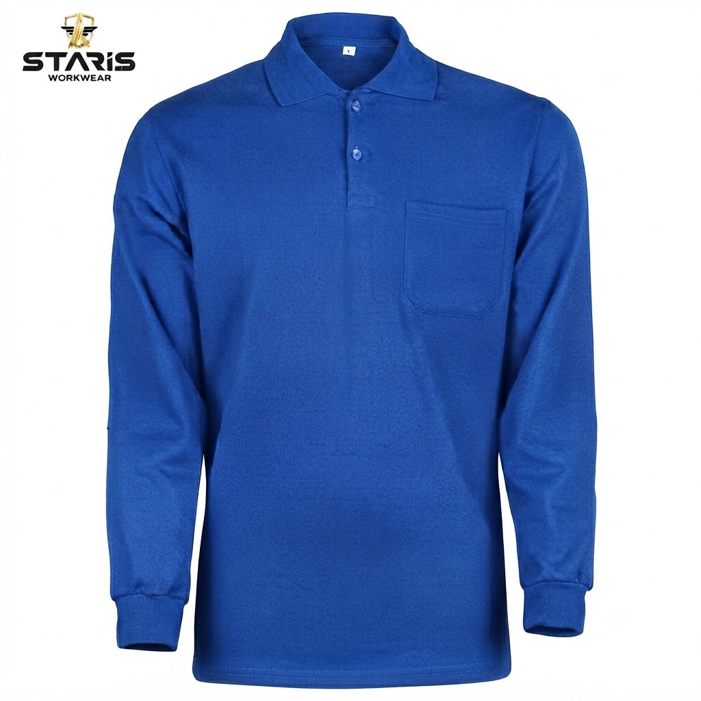 Blue long-sleeve polo shirt with a chest pocket on a white background; Staris Workwear logo in the top-left corner