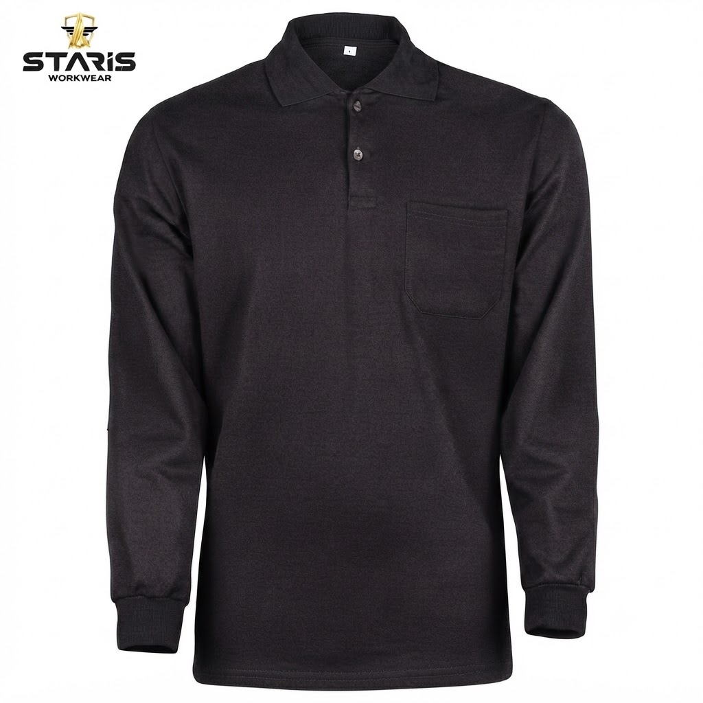 Black long-sleeve polo shirt with a chest pocket on a white background; Stars Workwear logo visible in the top-left corner