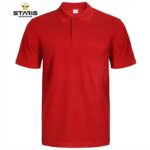 Red polo shirt with short sleeves, collar, and a left chest pocket on a white background (Staris Workwear)