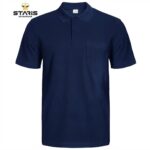 Navy polo shirt with short sleeves and a left chest pocket on a white background.