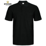 Black polo shirt with short sleeves, collar, and a left chest pocket on a white background.