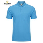 Blue polo shirt with short sleeves and chest pocket, branded Staris Workwear logo in top-left corner (product image).