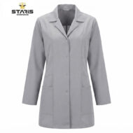 Gray knee-length lab coat with long sleeves, front button closure, and large pockets; Staris Workwear logo in the top left corner