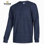 Navy blue long-sleeve crewneck shirt on white background; Staris Workwear logo in top-left.