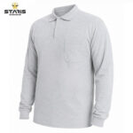 Light gray long-sleeve polo shirt with a chest pocket on a white background