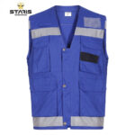 Blue work vest with multiple pockets, gray reflective bands, and a staris logo in the top left corner.