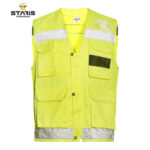 High-visibility yellow safety vest with reflective silver stripes, multiple front pockets and snap buttons for construction or outdoor work safety.