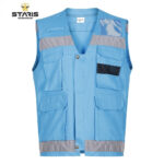 Blue work vest with multiple front pockets, gray reflective trim on the chest and hem, and a black mesh pocket; STARIS Workwear logo in the corner