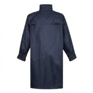 Back view of a navy blue long rain poncho with a high collar and elasticated cuffs.