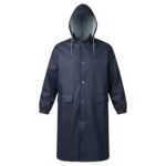Navy raincoat with a hood, knee-length, button-front closure and two front pockets