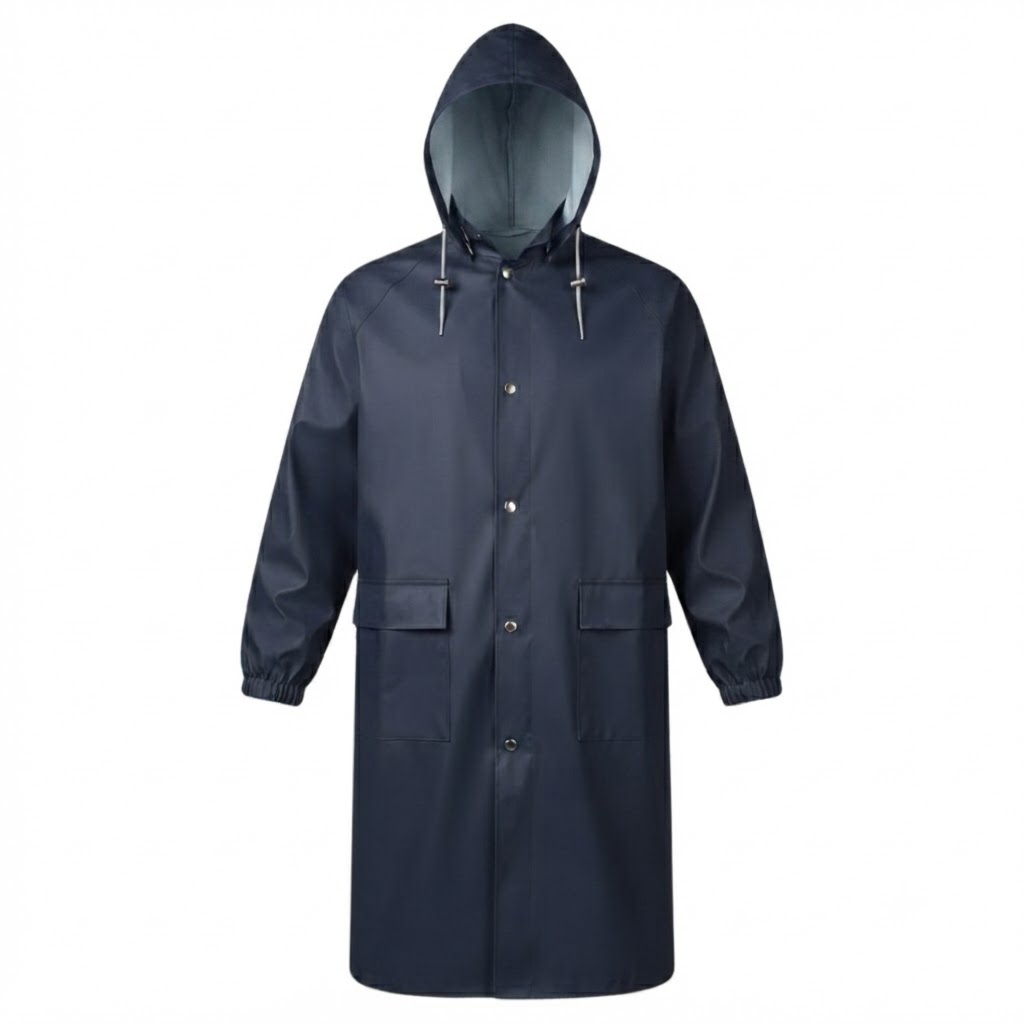 Navy raincoat with a hood, knee-length, button-front closure and two front pockets