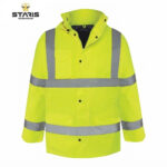 Neon yellow high-visibility jacket with reflective gray bands and multiple pockets.
