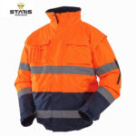 High-visibility orange work jacket with gray reflective bands and multiple pockets, shown against a white background.