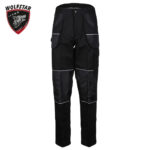 Black cargo pants with multiple pockets and reflective piping, shown on white background with Wolfstar logo in top-left.