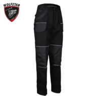 Black cargo pants with multiple pockets and reflective piping, brand Wolfstar logo visible in the corner, outdoor/workwear style.