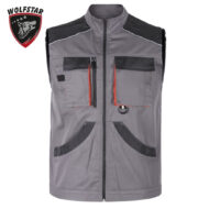 Grey and black utility vest with multiple pockets, zippers, and orange trim; Wolfstar logo in top-left corner.