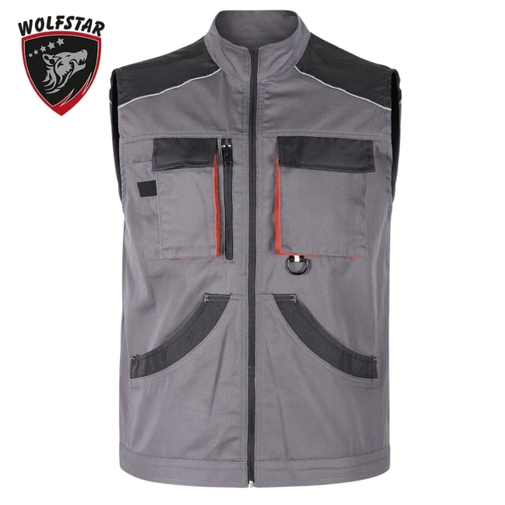 Grey and black utility vest with multiple pockets, zippers, and orange trim; Wolfstar logo in top-left corner.