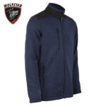 Blue fleece jacket with black shoulder panels and front vertical zipper pockets, on white background; brand Wolfstar logo in top-left corner.