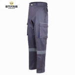 Grey cargo work pants with multiple pockets and reflective lower-leg band, shown in side view.