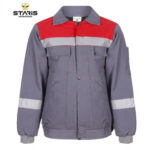 Grey work jacket with red shoulder yoke and a light gray reflective stripe across the chest and upper arms, ribbed cuffs and hem (Staris Workwear).