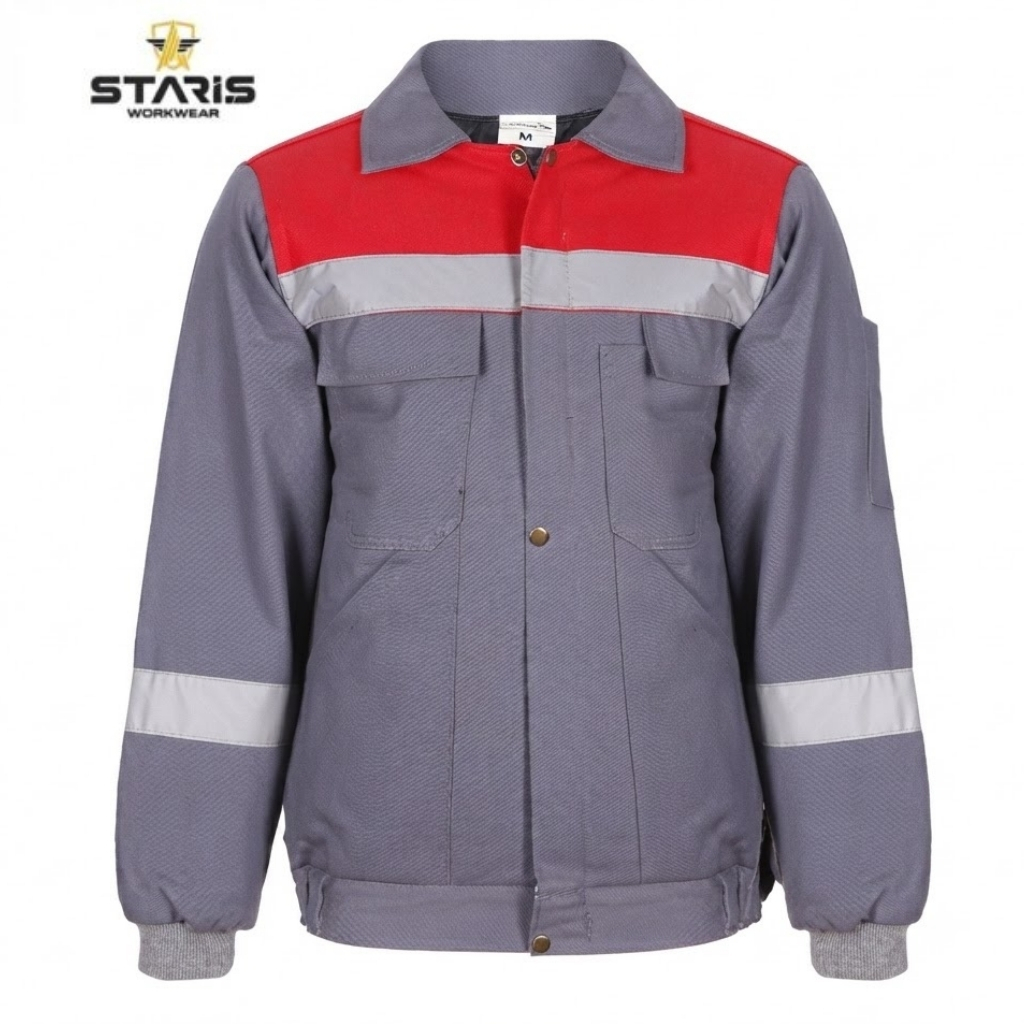 Grey work jacket with red shoulder yoke and a light gray reflective stripe across the chest and upper arms, ribbed cuffs and hem (Staris Workwear).