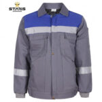 Grey and blue work jacket with reflective stripes on chest and sleeves, multiple front pockets, ribbed cuffs and hem.
